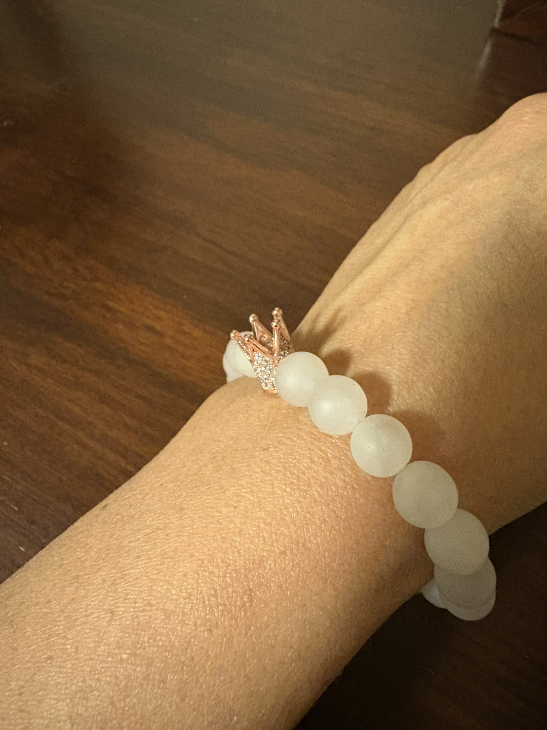 White Matte Beaded Bracelet with Rose Gold Crown Charm