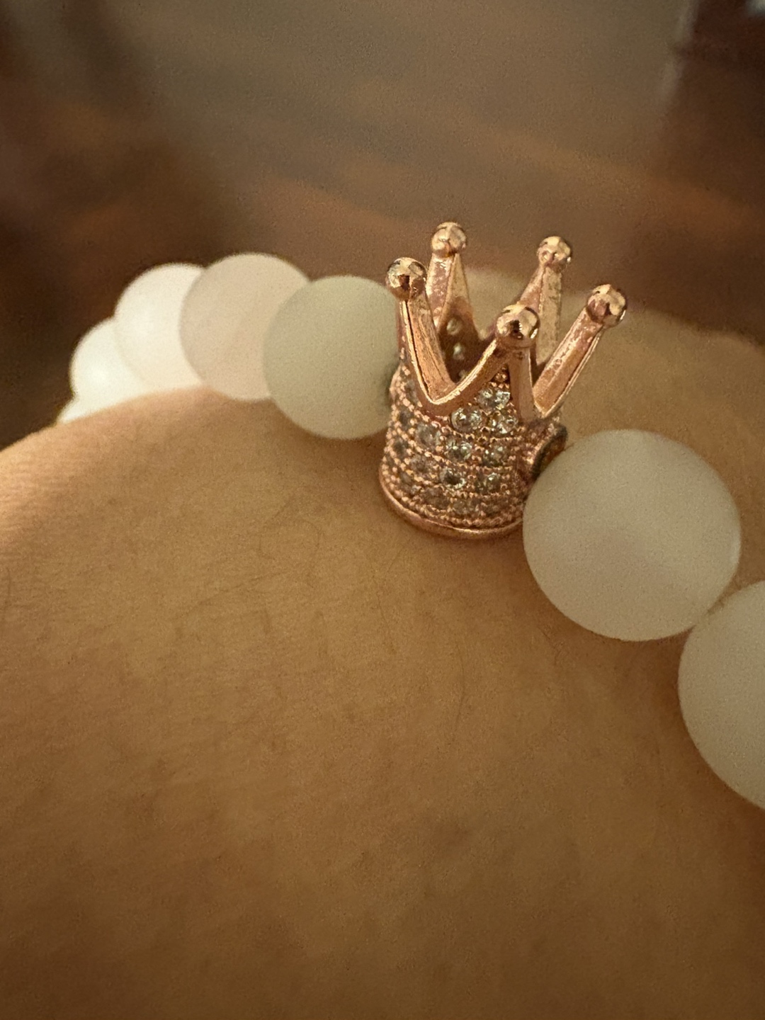 White Matte Beaded Bracelet with Rose Gold Crown Charm - photo 2