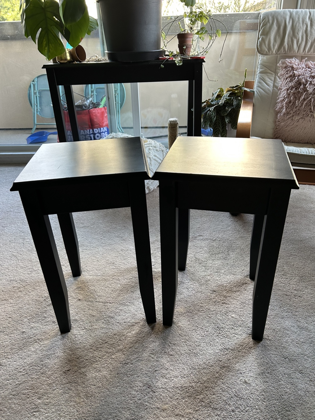 Two Black IKEA Hemnes Side Tables