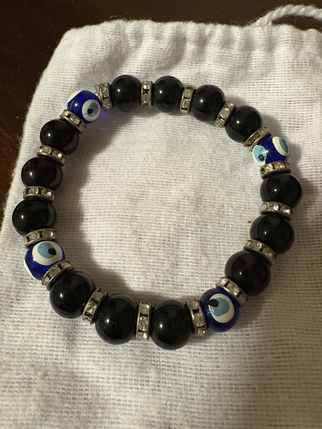 Evil Eye Bracelet - Black Onyx & Crystal Beads