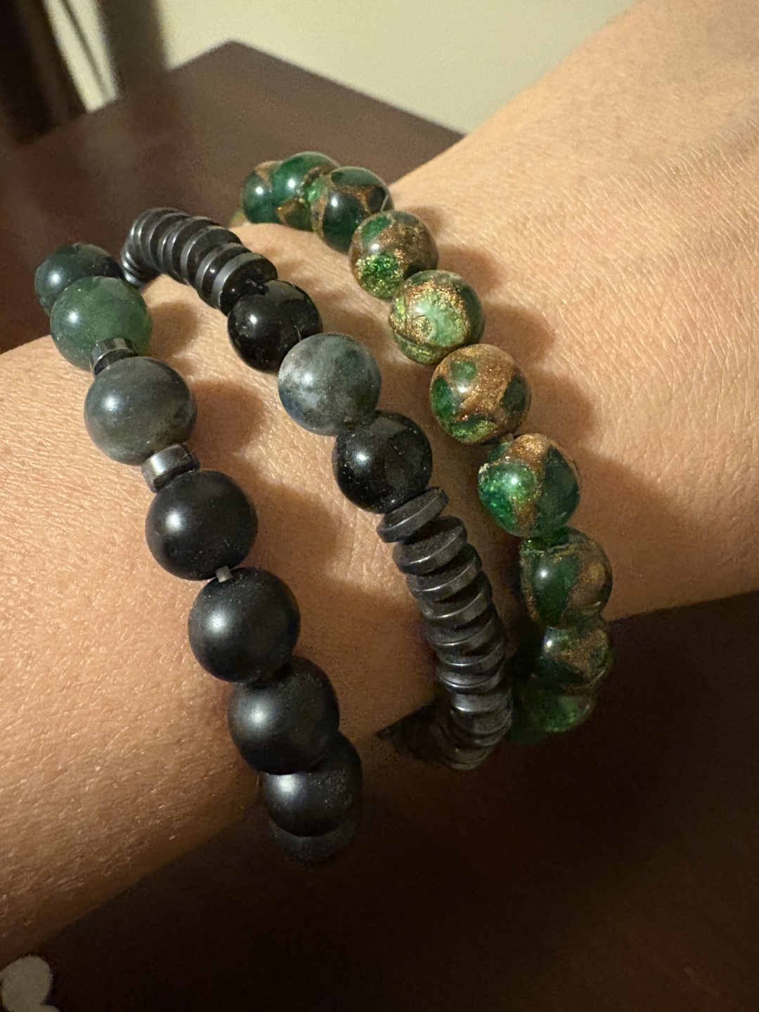 Three Beaded Bracelets Set - Green & Black