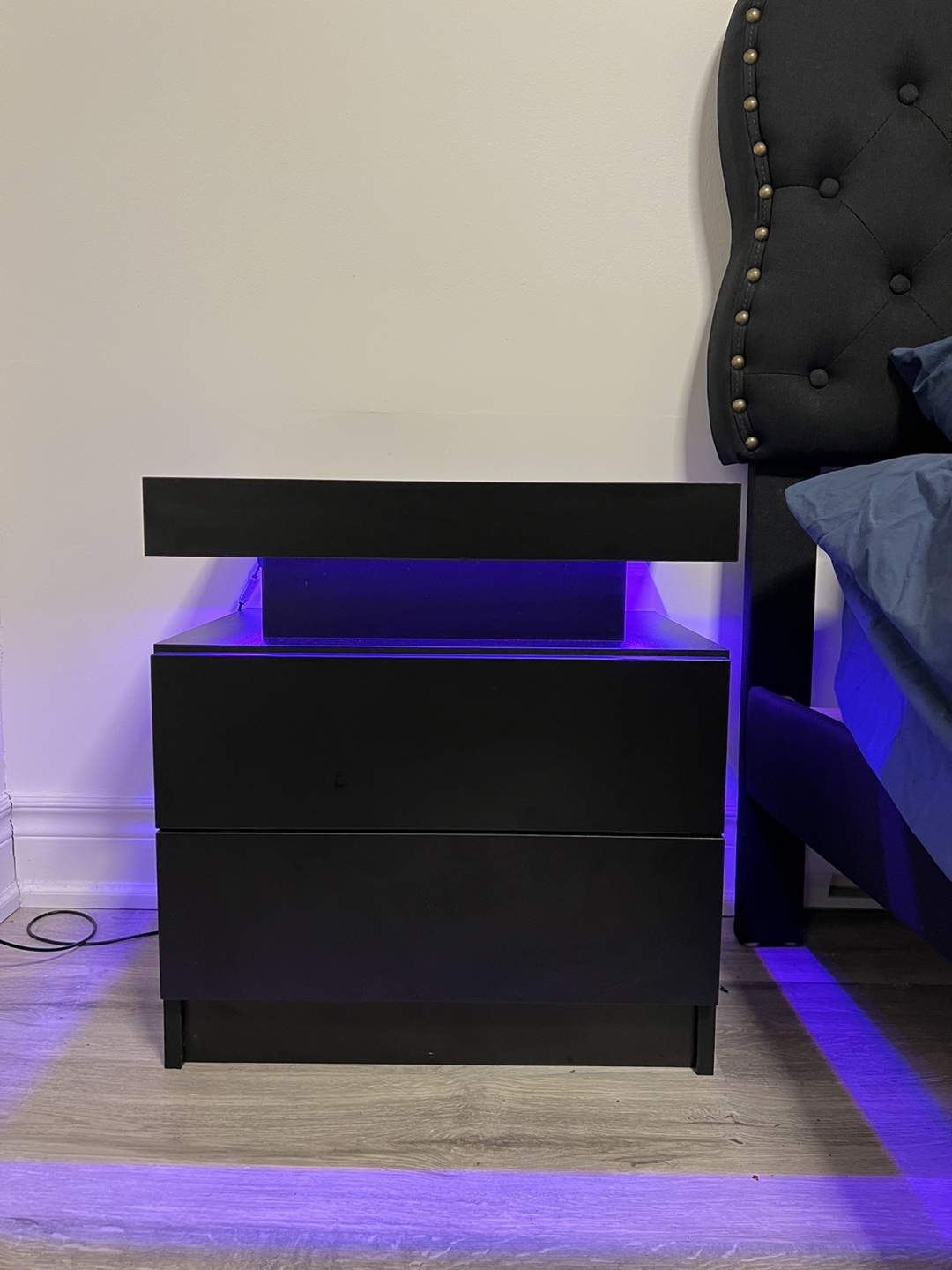 Modern Black LED Nightstand with Two Drawers