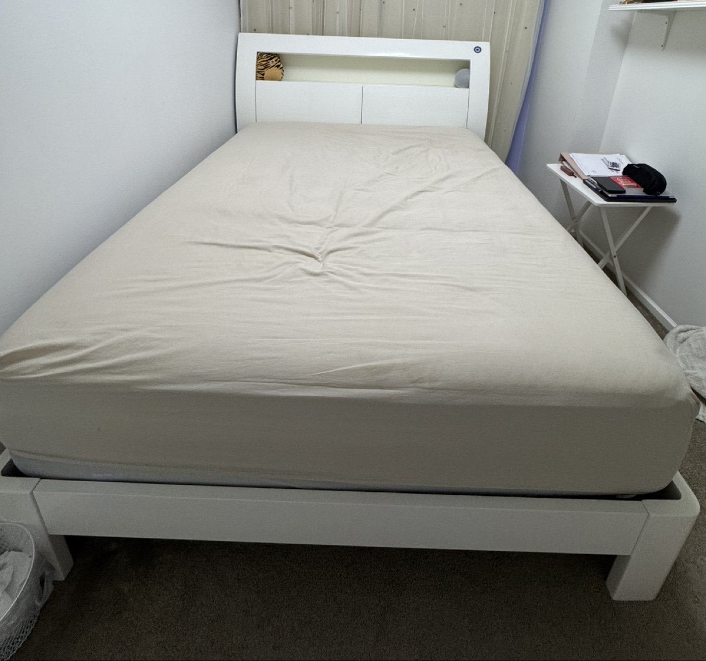 Double .Size White Modern Bed Frame with Built-in Shelves