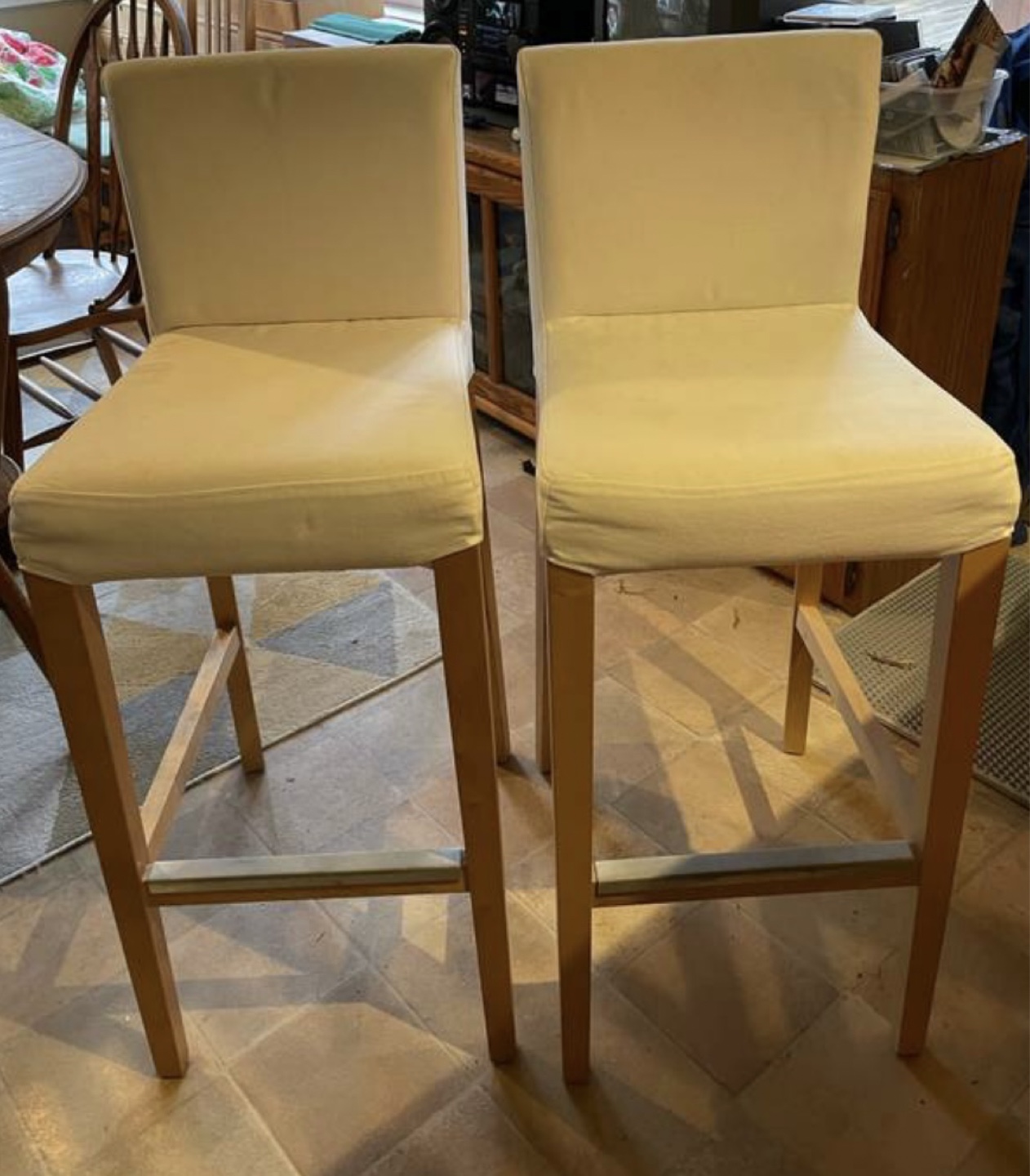 Pair of IKEA Bar Stools with Beige Slipcovers