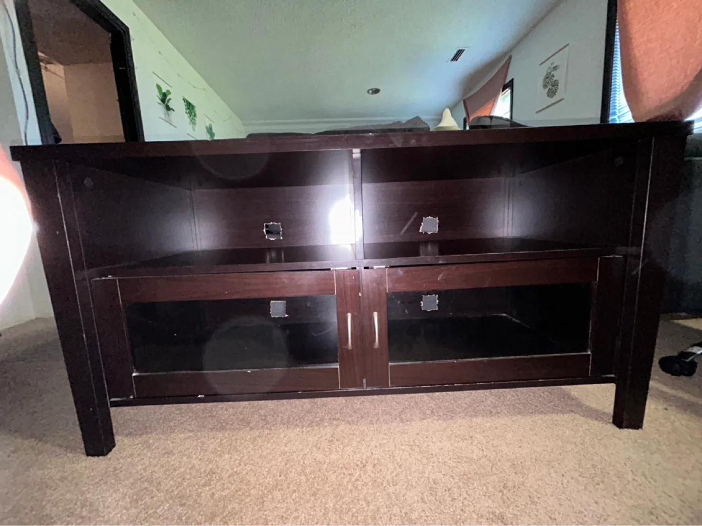 Dark brown TV stand with glass doors thumbnail