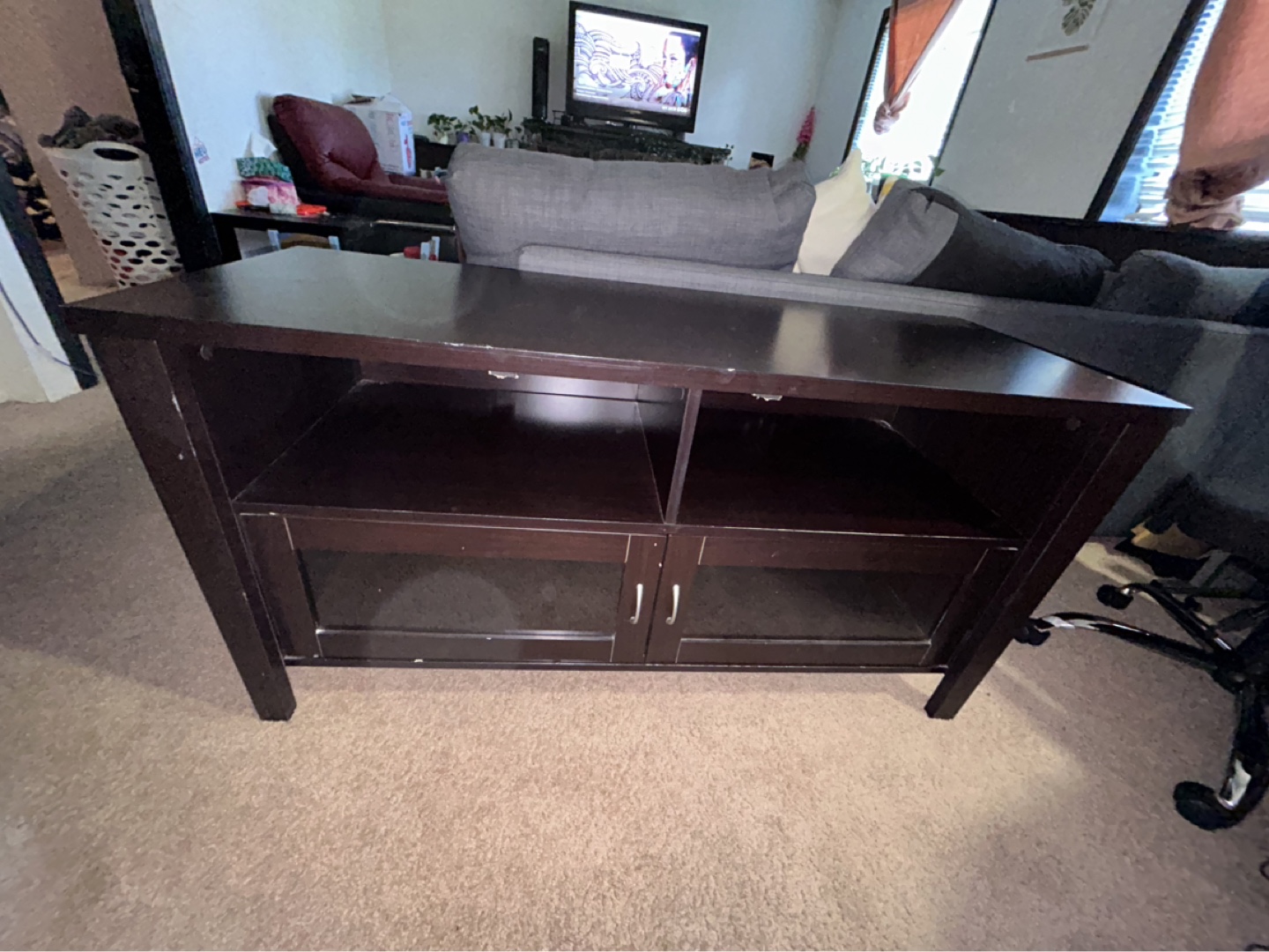 Dark brown TV stand with glass doors - photo 3