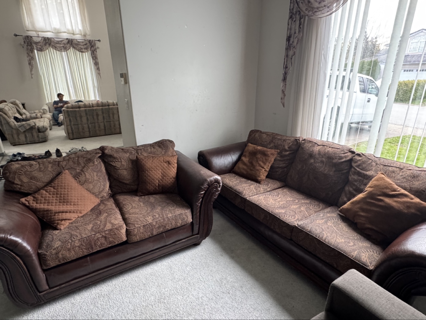 Brown Leather and Fabric Sectional Sofa