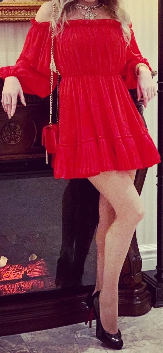 Red mini dress with embellished neckline thumbnail