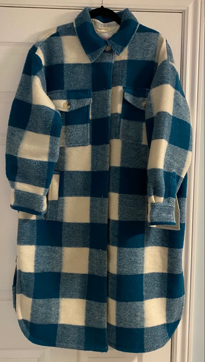 JH Design Co. Teal and Cream Plaid Longline Shirt Jacket image indicator(2)