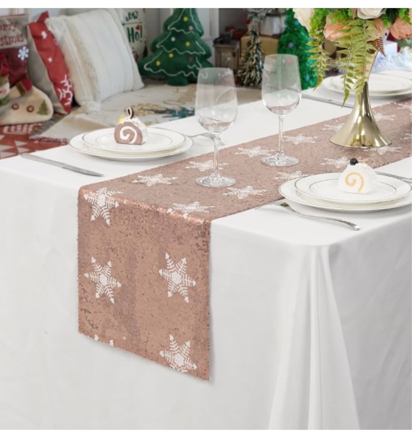 Rose Gold Sequin Table Runner with Snowflake Design - photo 3