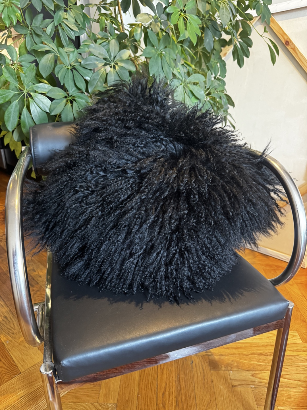 Pair of Black Sheepskin Throw Pillows