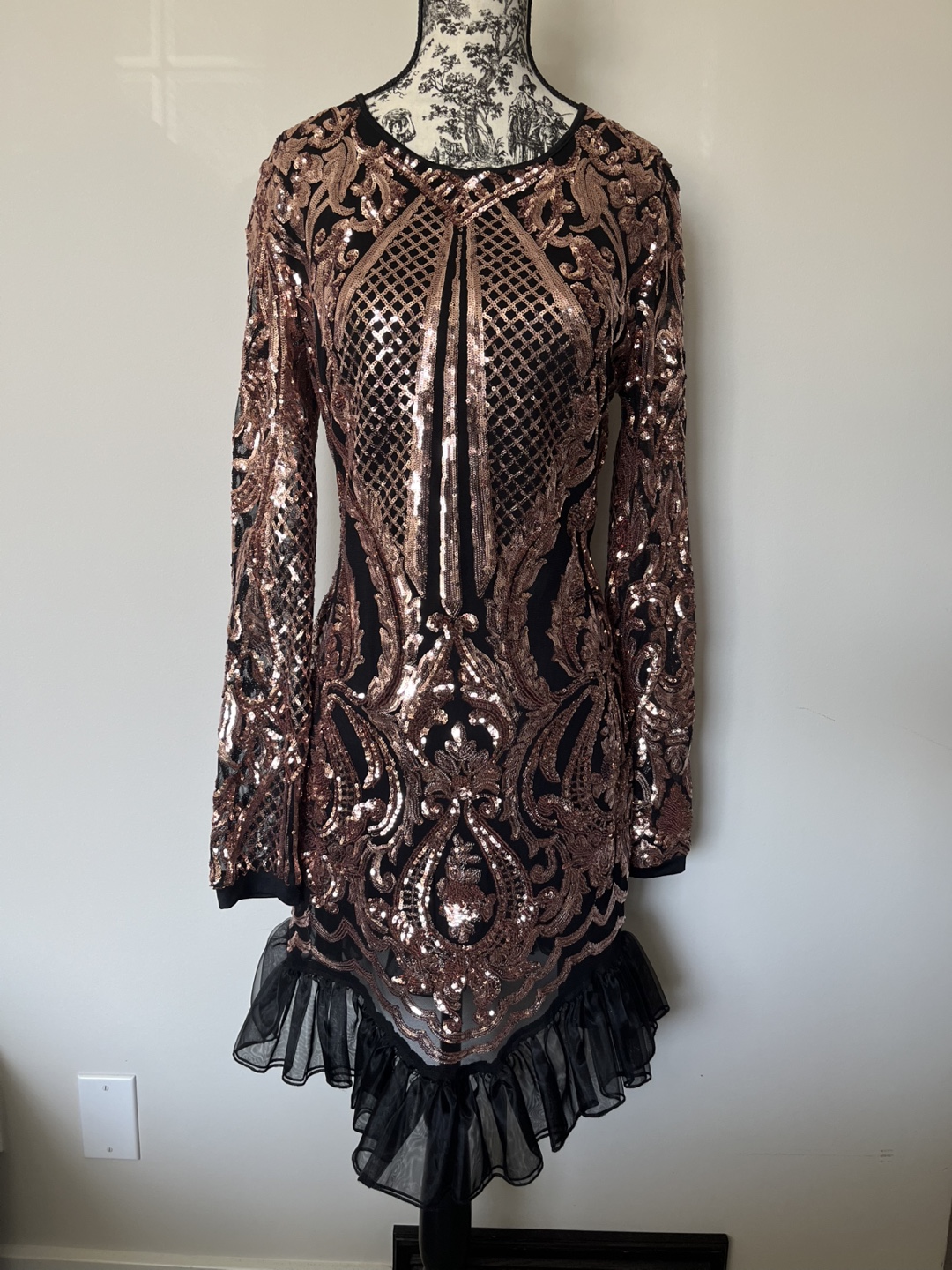 Rose Gold Sequin Mini Dress with Sheer Ruffles