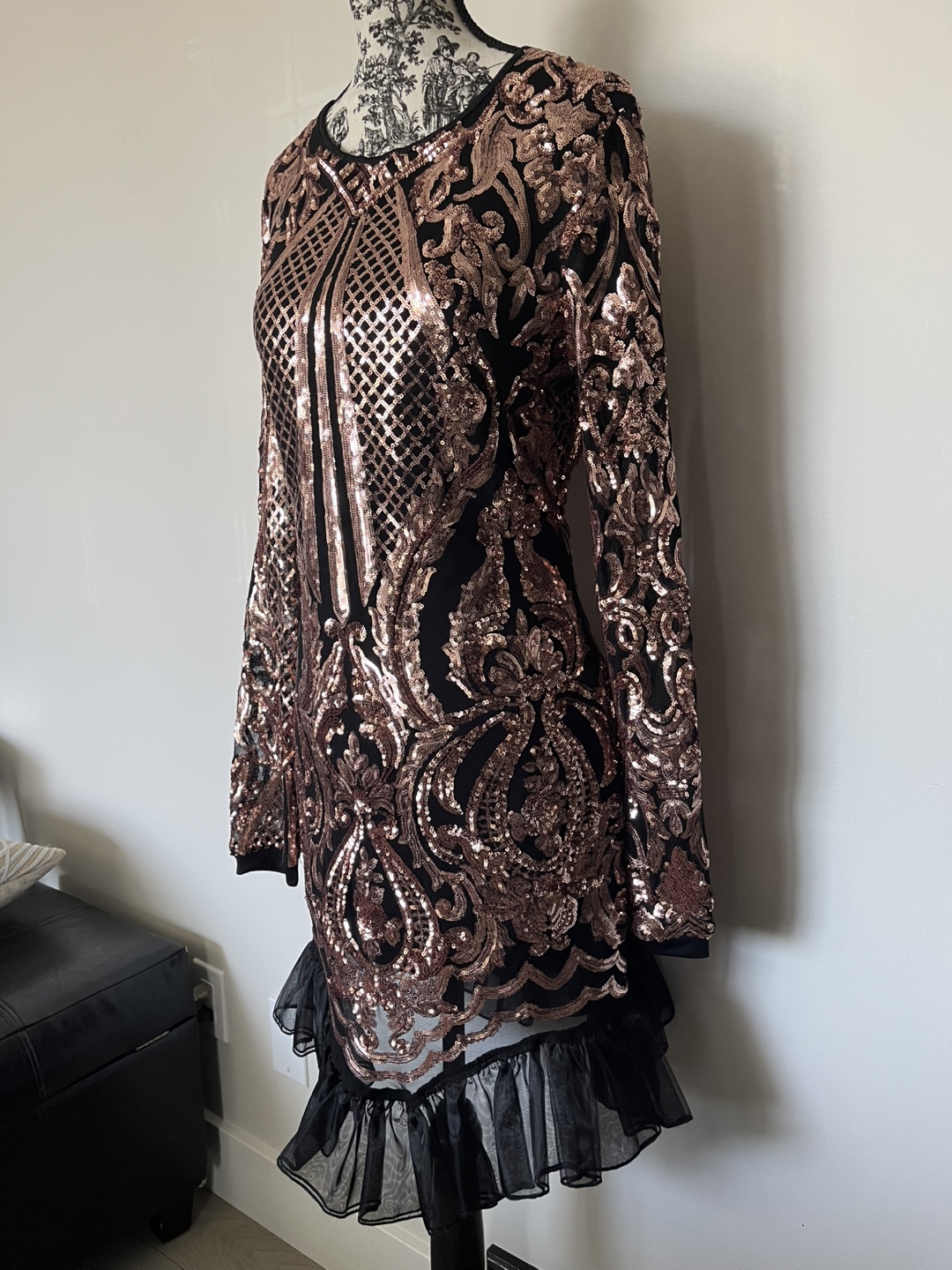 Rose Gold Sequin Mini Dress with Sheer Ruffles - photo 4