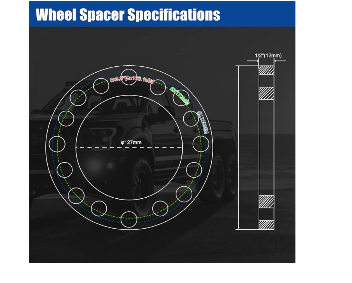 Pair of 12mm Wheel Spacers - 8-5x170/180-127-12mm image indicator(5)