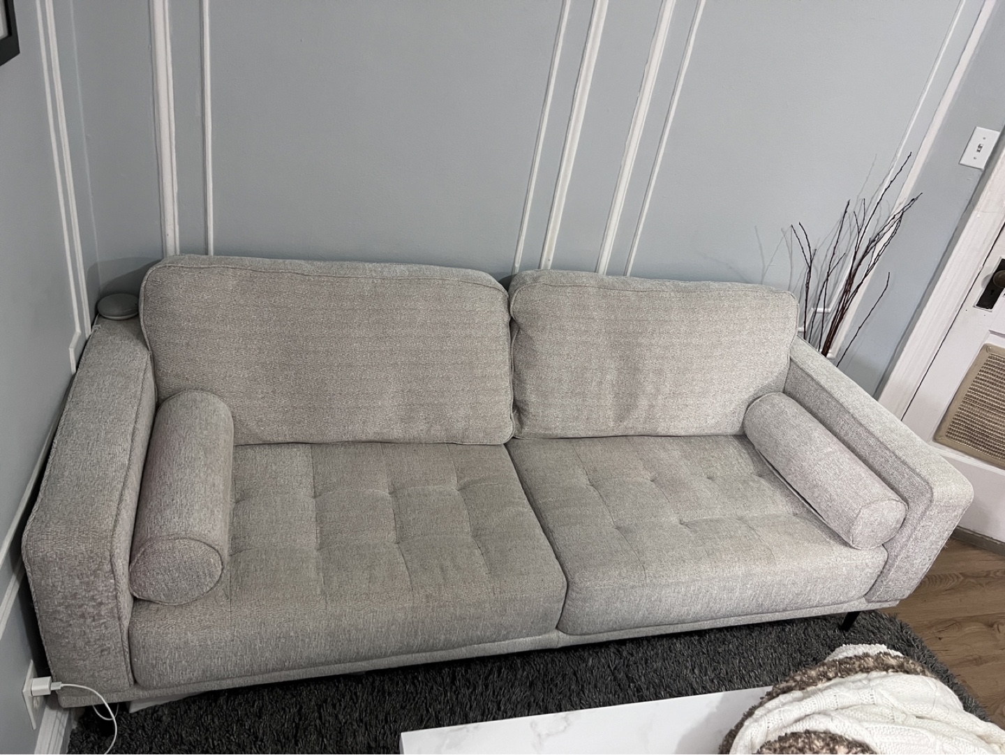 Light Grey Fabric Sofa with Bolster Pillows - photo 2
