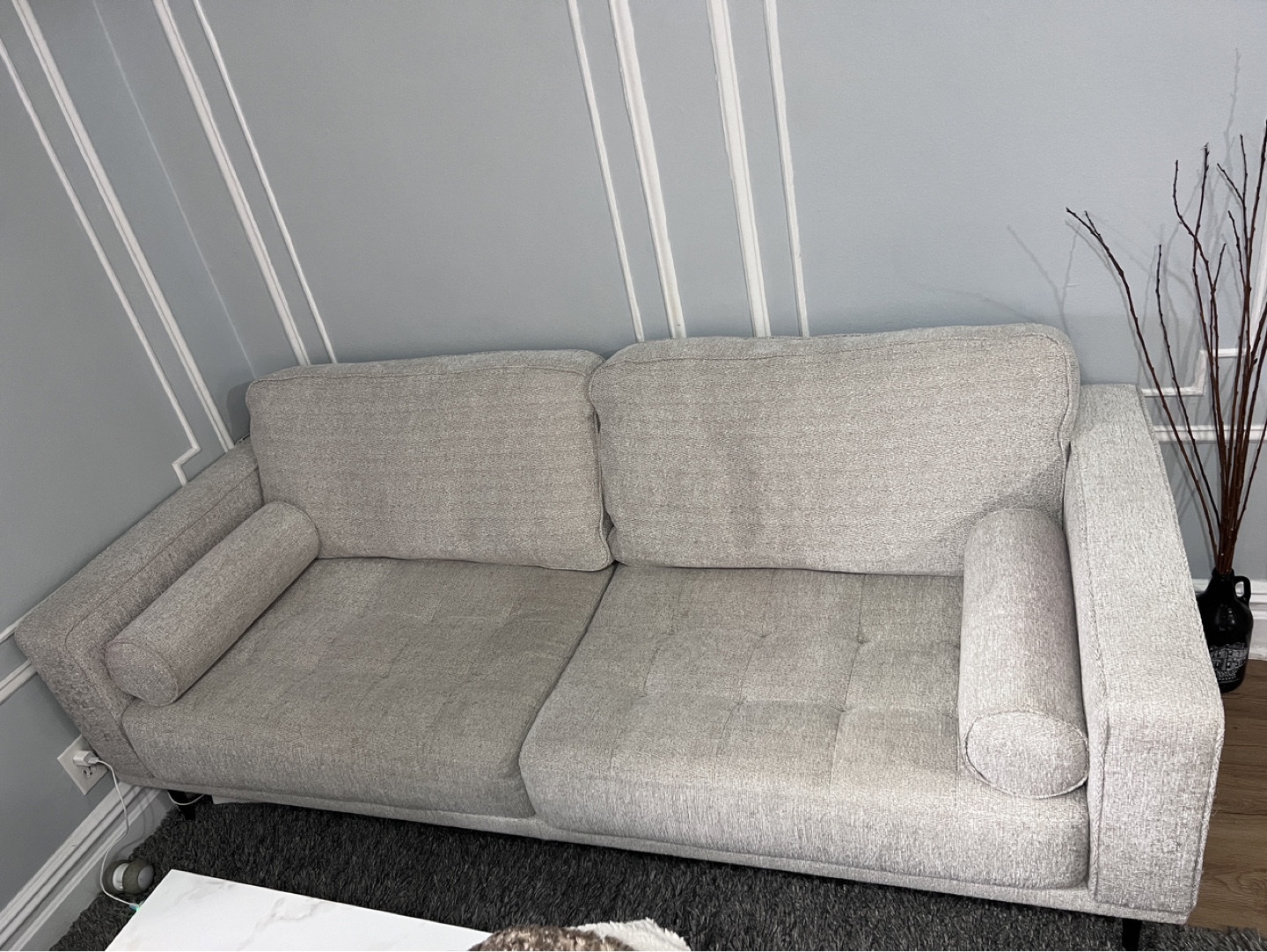 Light Grey Fabric Sofa with Bolster Pillows