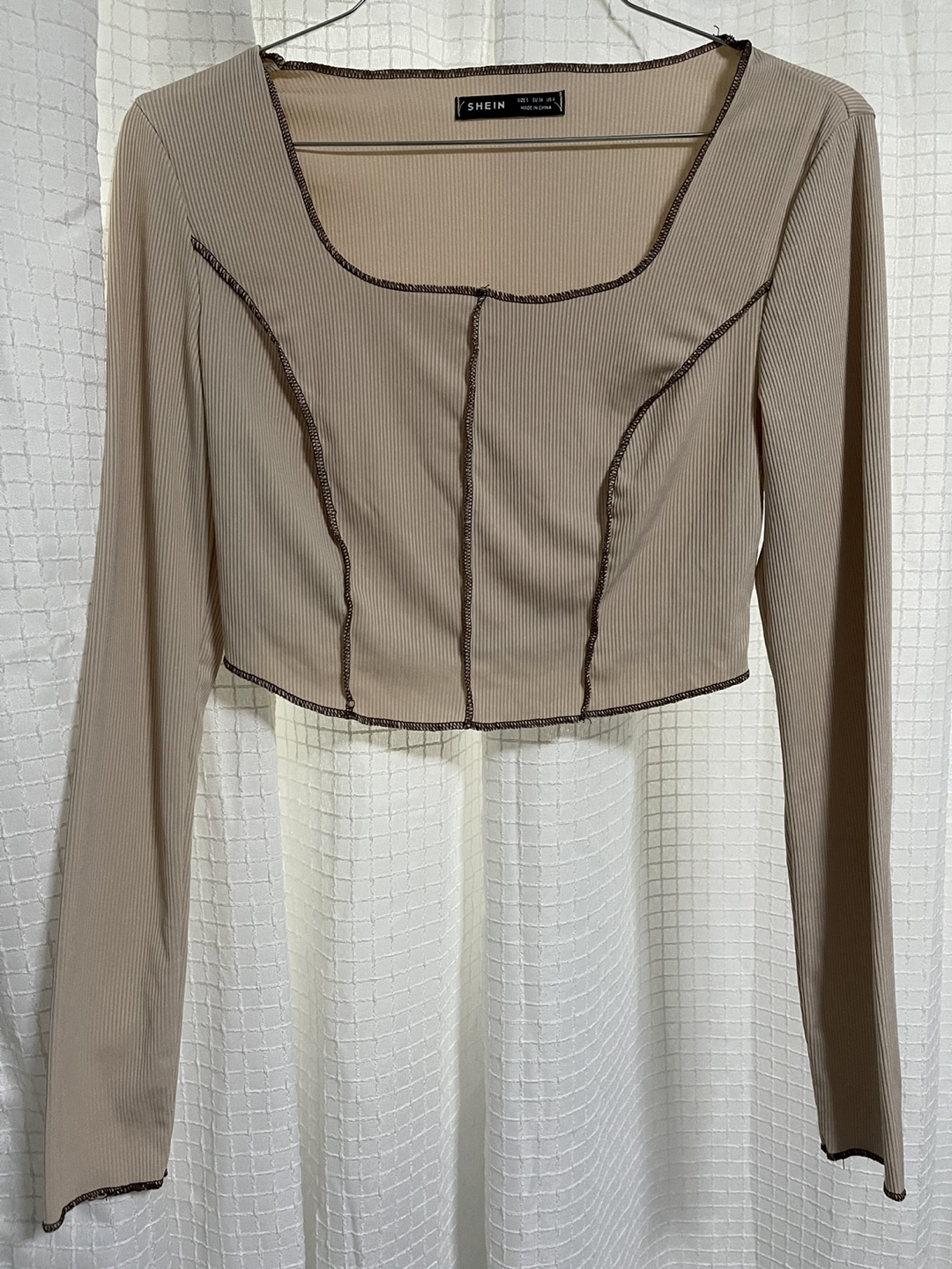 SHEIN Beige Ribbed Long Sleeve Crop Top - Size Small