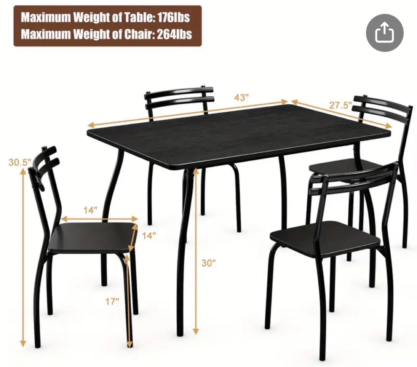 5-Piece Black Dining Set: Table and Four Chairs - photo 2