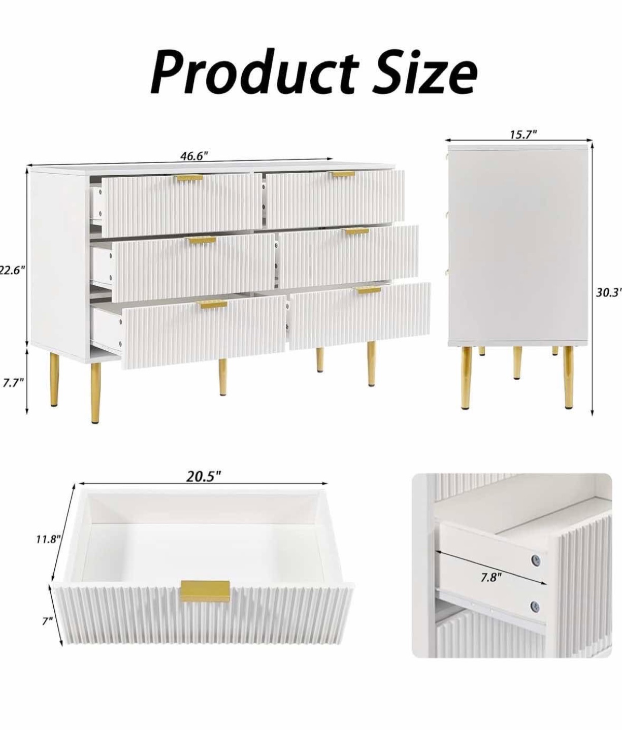 White 6-Drawer Dresser with Gold Legs - photo 3