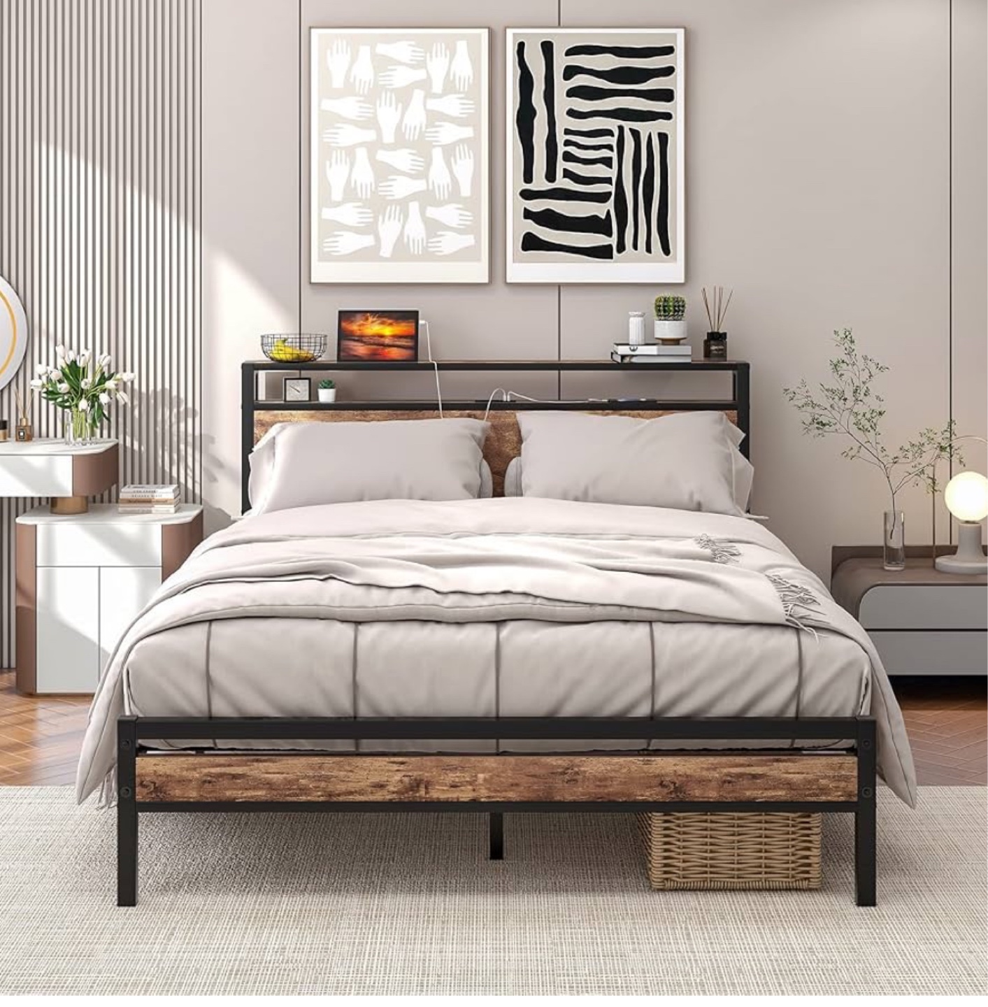 Queen Size Metal Platform Bed Frame with Built-in Shelves