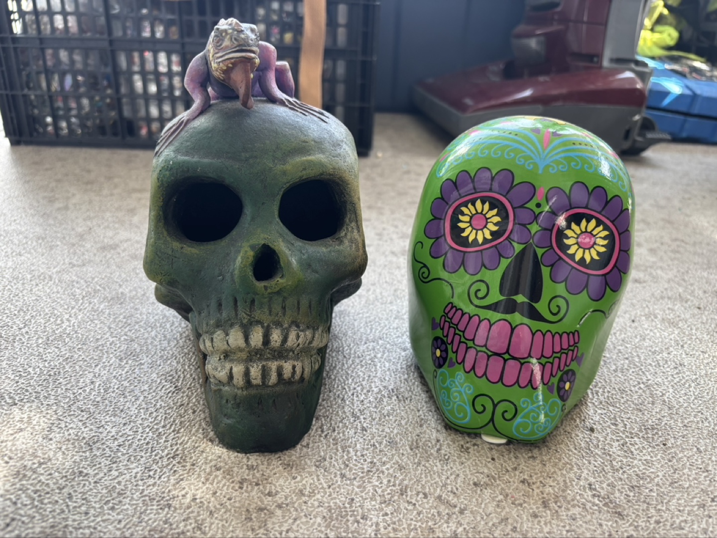 Two decorative skulls: one with iguana, one sugar skull