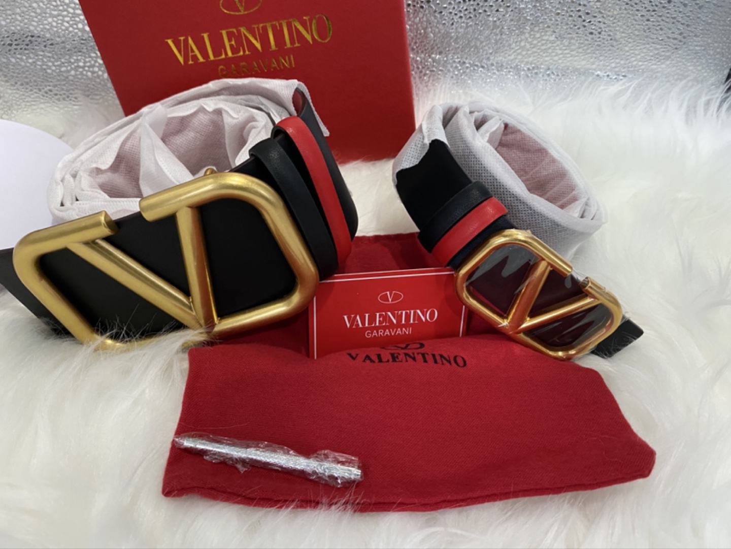 Valentino Garavani Black and Red Leather Belt with Gold Buckle