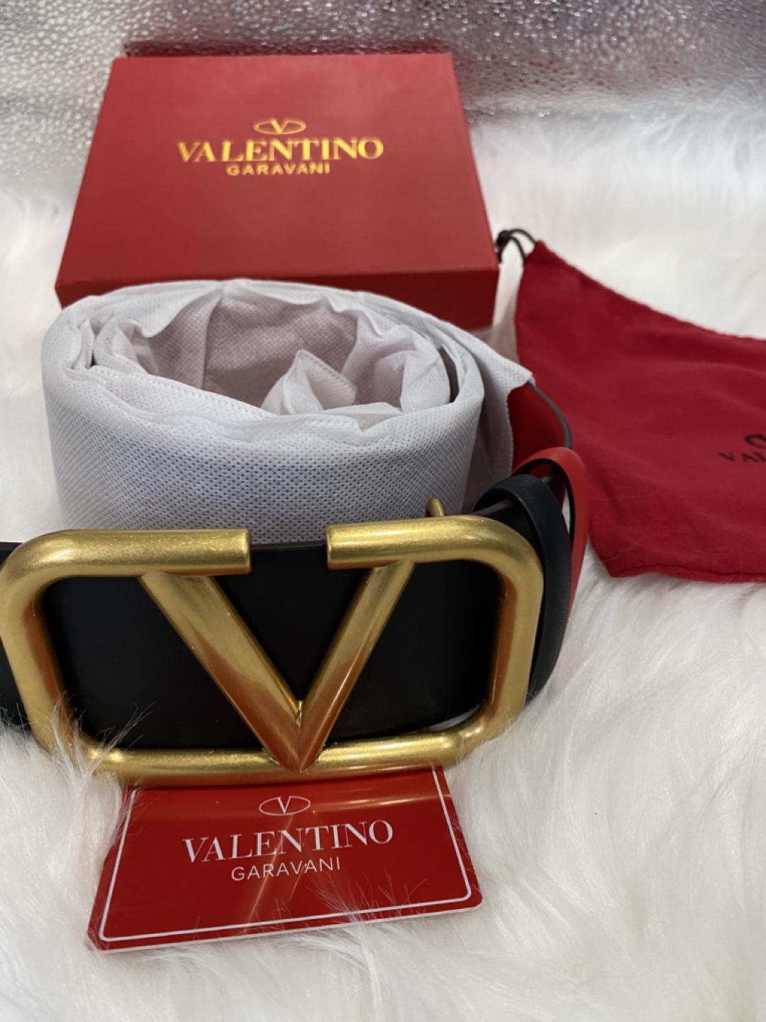 Valentino Garavani Black and Red Leather Belt with Gold Buckle - photo 2