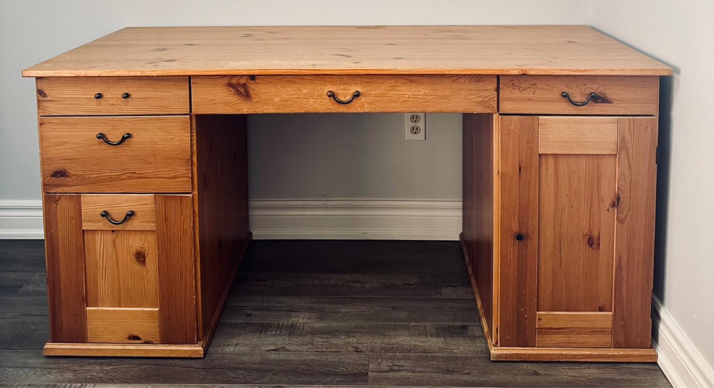 Antique Pine Wood Desk with Solid Drawers and Cabinets