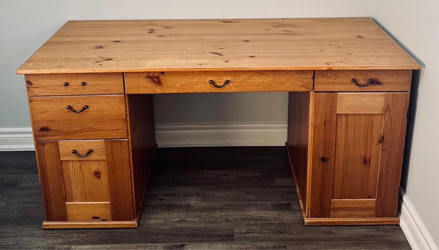 Antique Pine Wood Desk with Solid Drawers and Cabinets - photo 2
