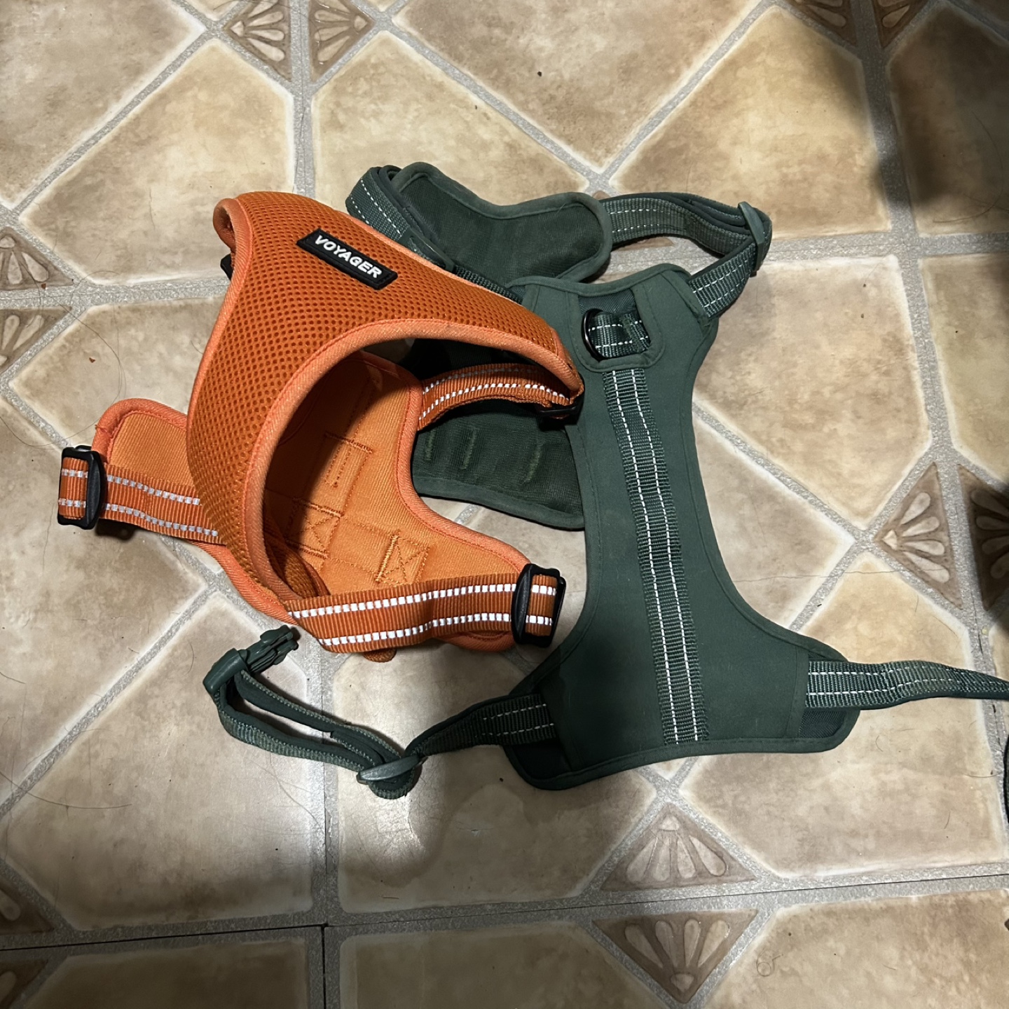 Two Medium Dog Harnesses - Orange and Green