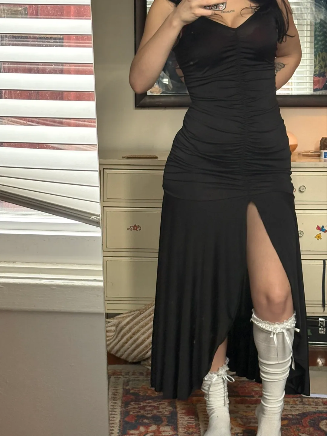 Black Ruched Maxi Dress with Thigh Slit thumbnail