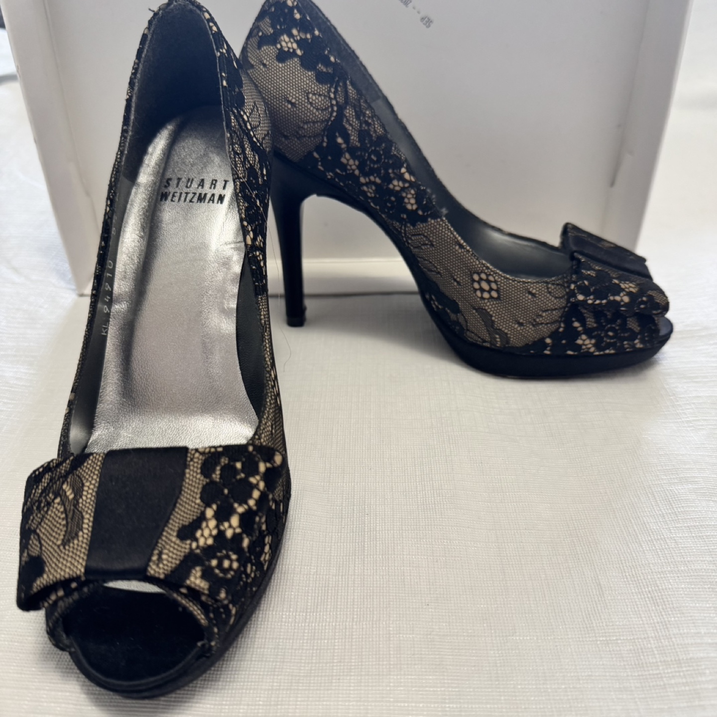 Stuart Weitzman Black Lace Peep Toe Heels - photo 3