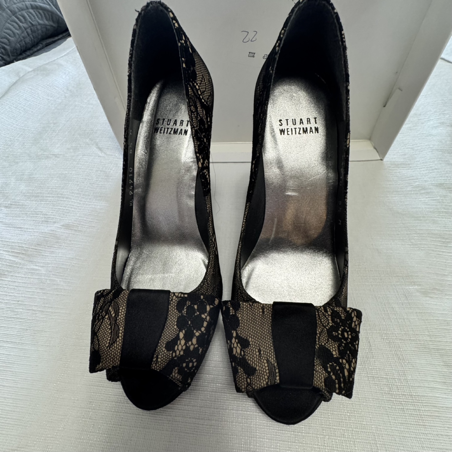 Stuart Weitzman Black Lace Peep Toe Heels - photo 2