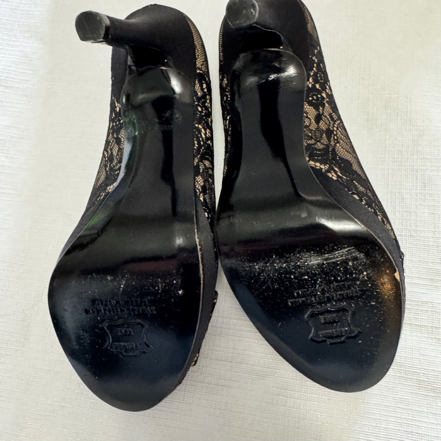 Stuart Weitzman Black Lace Peep Toe Heels - photo 4