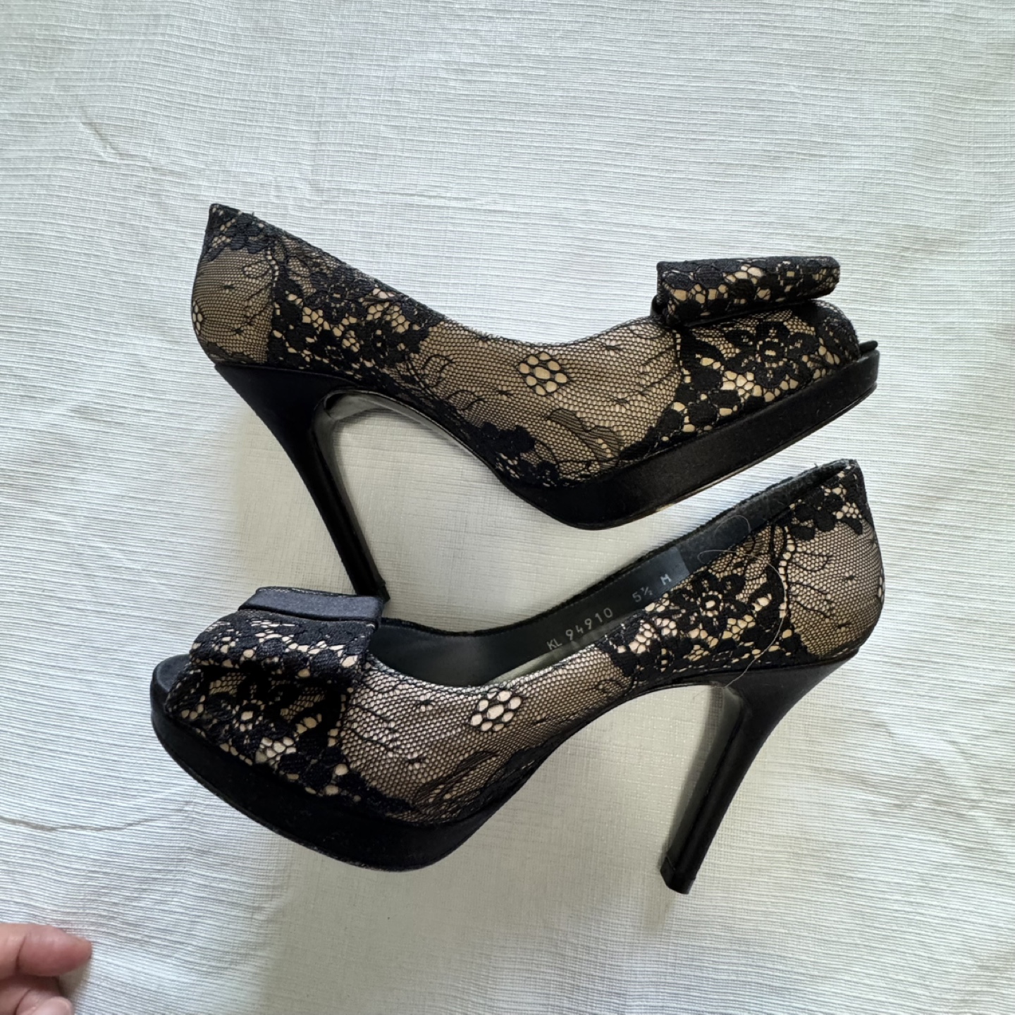 Stuart Weitzman Black Lace Peep Toe Heels