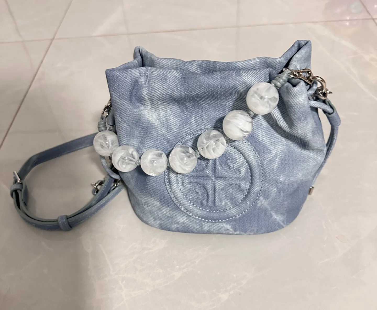Light Blue Denim Bucket Bag with Beaded Strap image indicator(3)