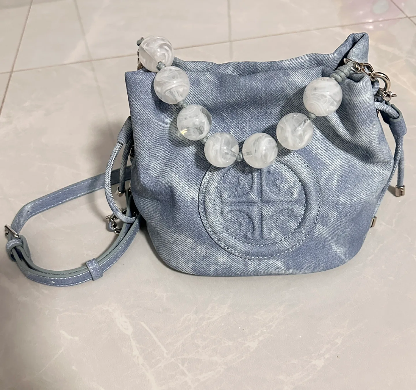 Light Blue Denim Bucket Bag with Beaded Strap image indicator(2)