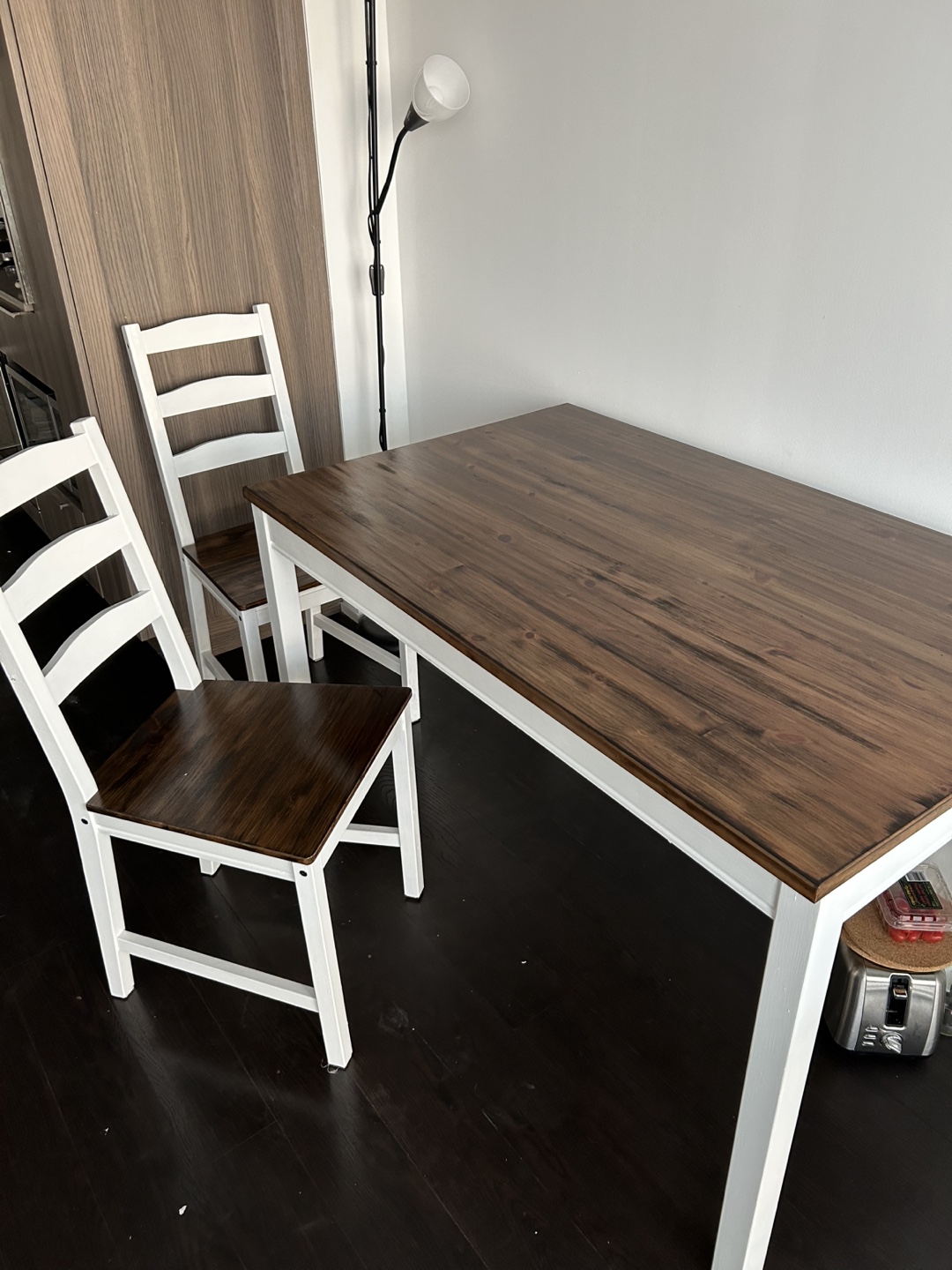 Dining Table Set - 4 Chairs, Dark Wood Top, White Legs