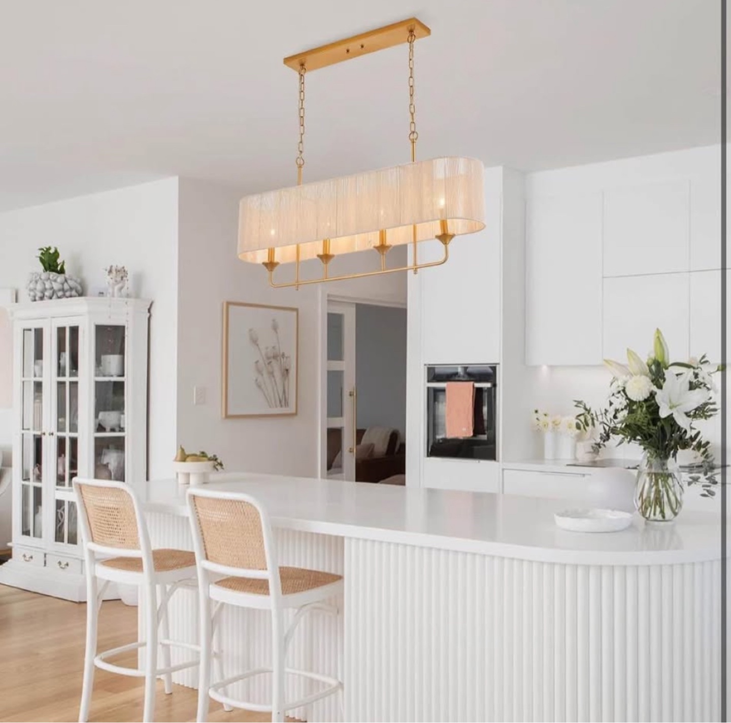 New 42”  Brass and White Hand Woven Rattan Pendant Light