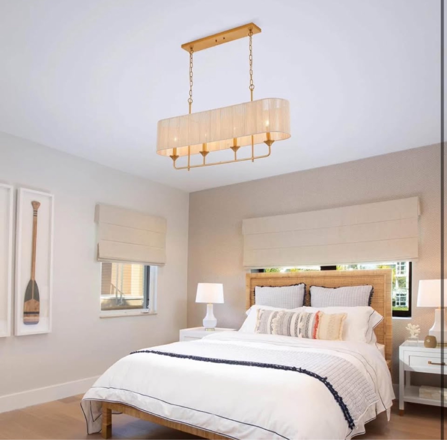 New 42”  Brass and White Hand Woven Rattan Pendant Light - photo 2