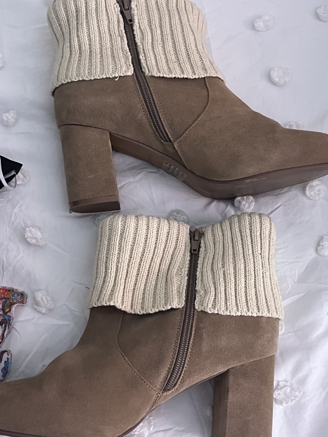 Women's Taupe Suede Block Heel Ankle Boots with Knit Cuffs