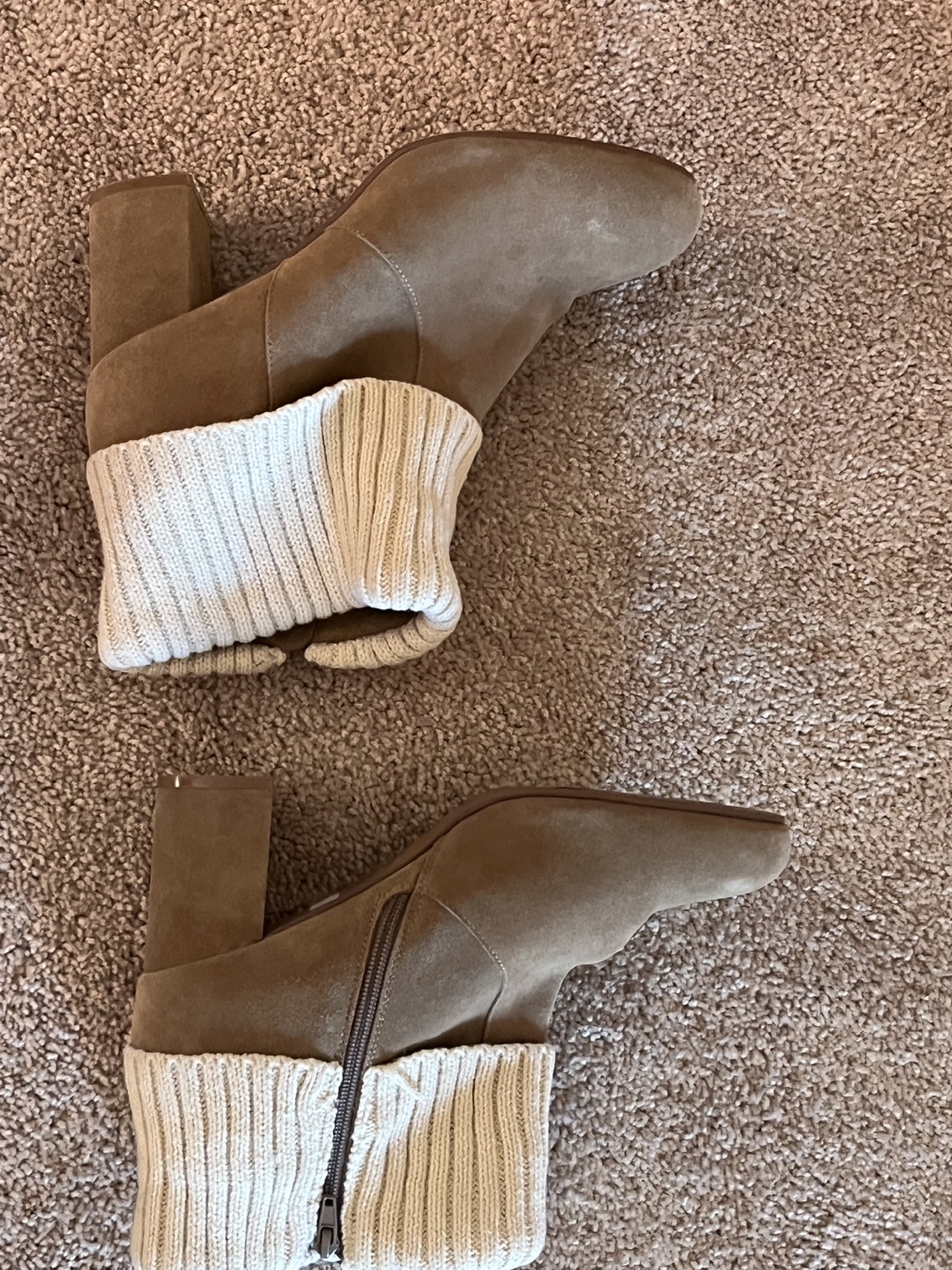 Women's Taupe Suede Block Heel Ankle Boots with Knit Cuffs - photo 5