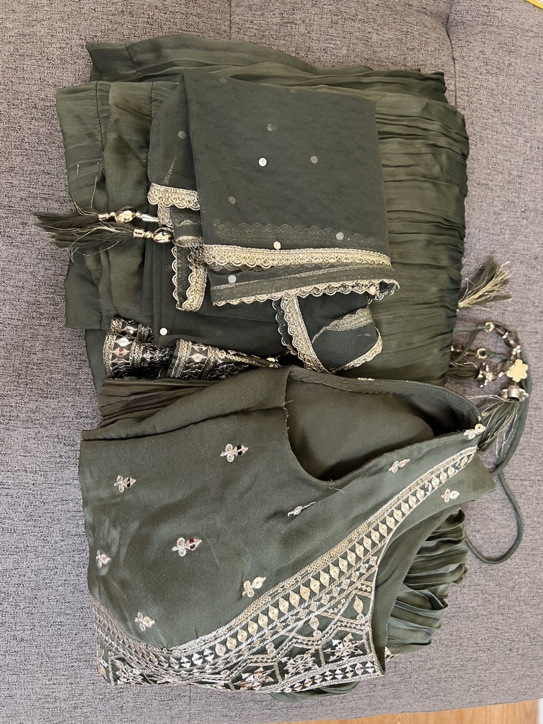 Olive Green Embroidered Three-Piece shalwar