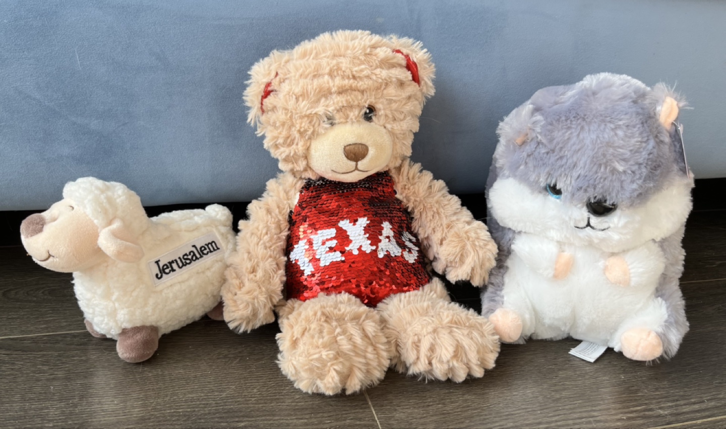 Three Plush Toys: Teddy Bear, Lamb, and Hamster