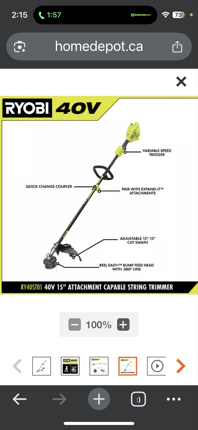 Ryobi 40v 12” cordless battery strong trimmer - photo 2