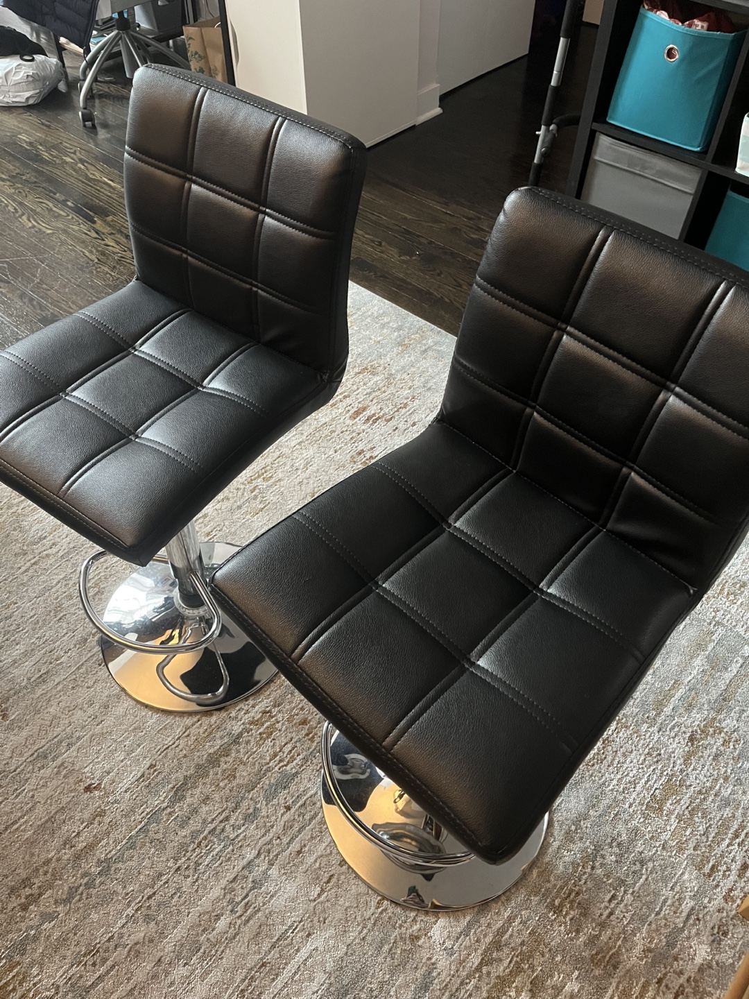 Pair of Black Leather Bar Stools