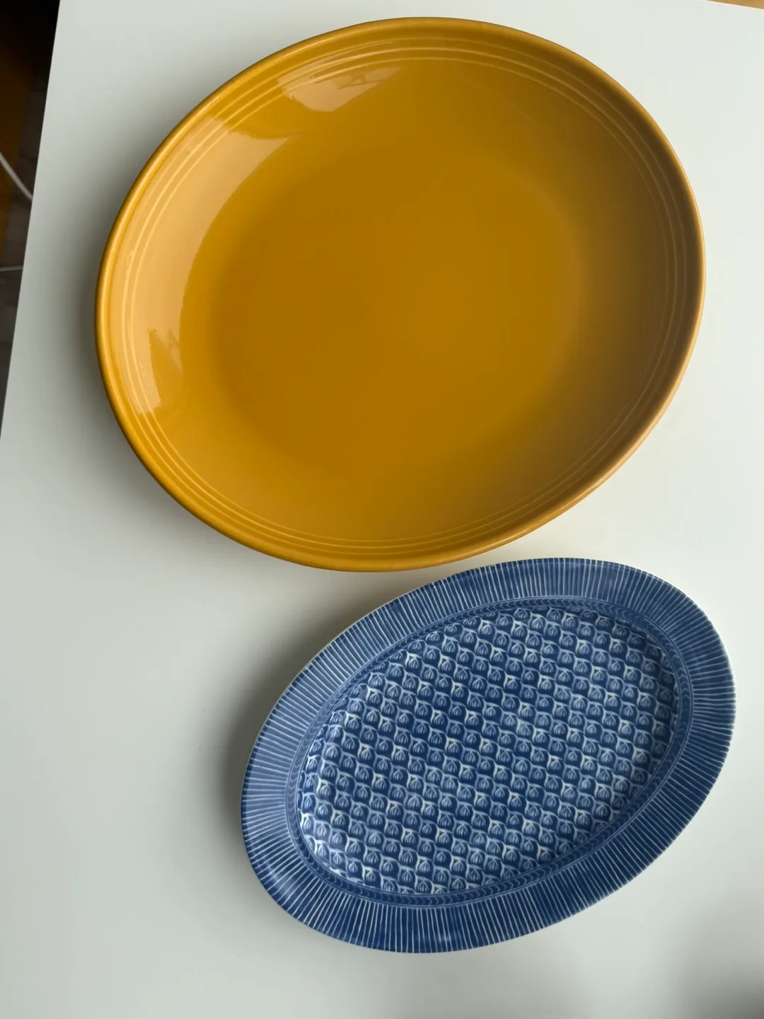 Two Oval Serving Platters – Mustard Yellow & Blue Patterned