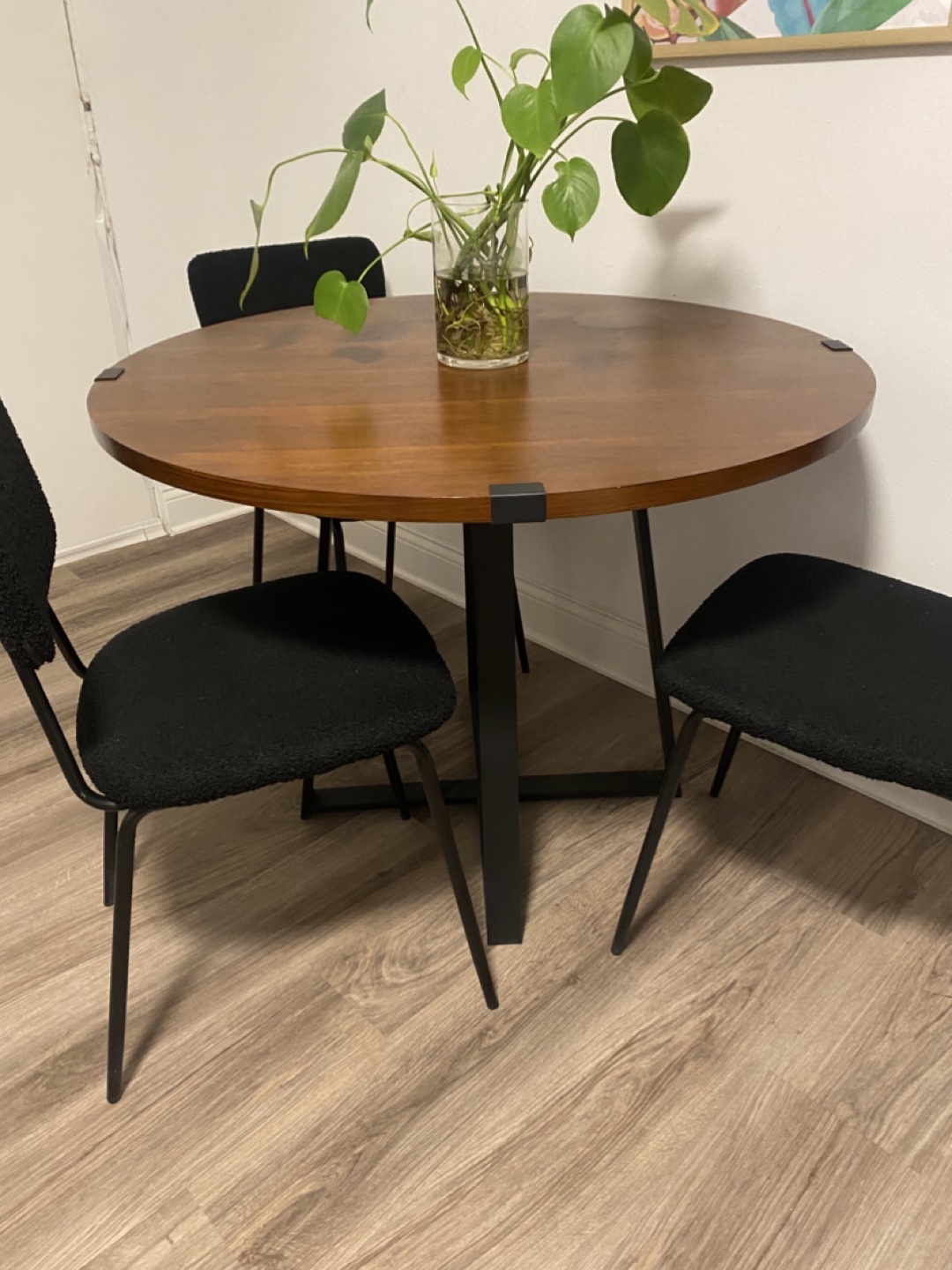 5-Piece Dining Set: Round Wood Table & Four Black Chairs