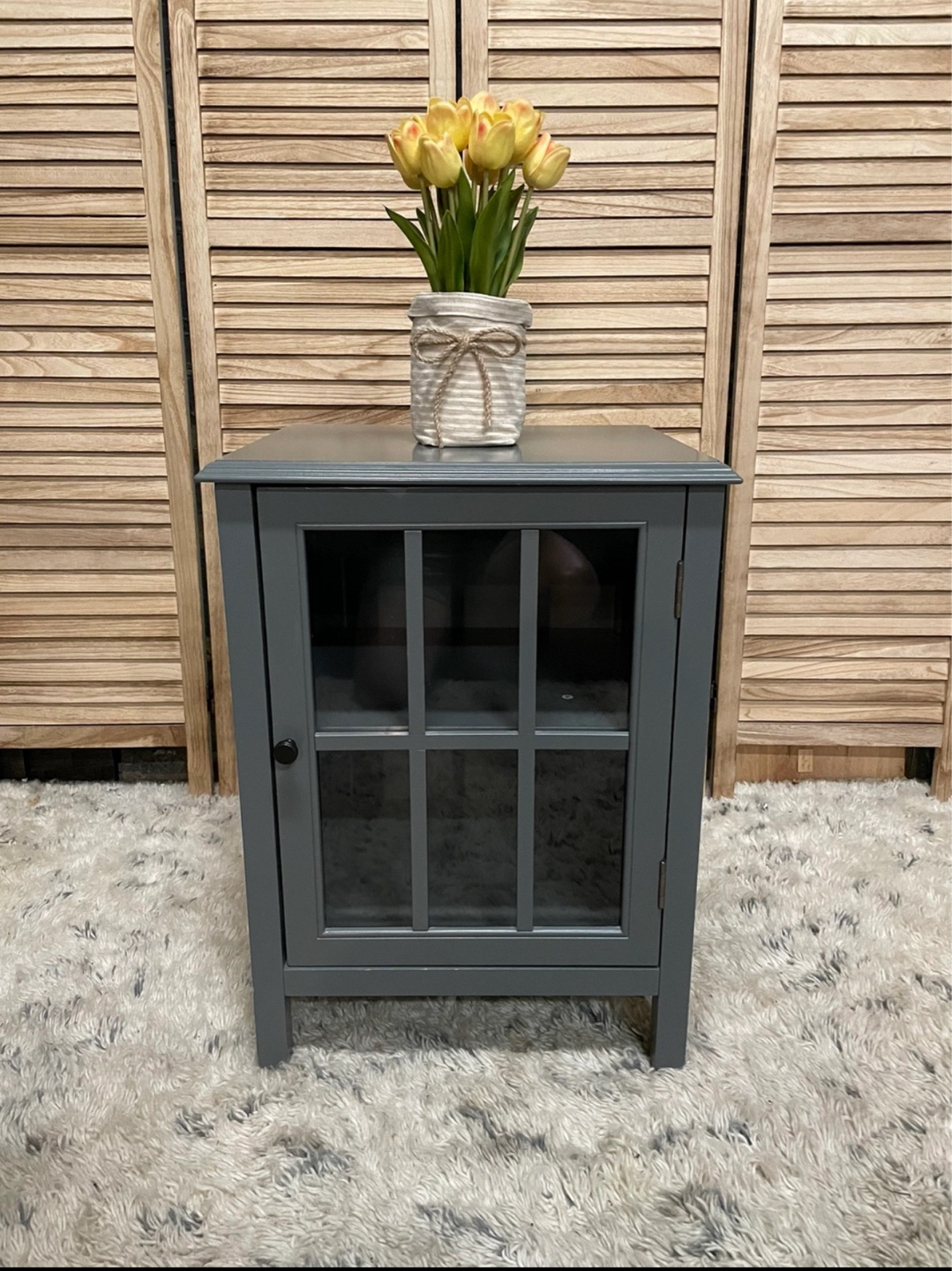 Gray Wooden End Table with Glass Door