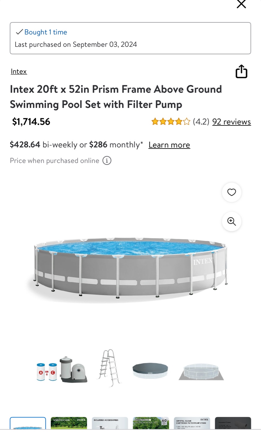 Intex 20ftx52in Prism Frame Above Ground Swimming Pool+